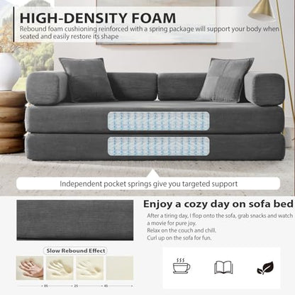 HANXIN Convertible Sleeper Sofa Bed, 78 Inch Folding Floor Mattress Couch with Fixed-Shape Frame, Futon Boneless Couch Lounge Loveseat with Pull Out Bed, No Assembly Required, Grey - color: Grey, size: 78" Loveseat Sofa Bed
