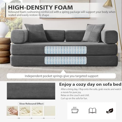 HANXIN Convertible Sleeper Sofa Bed, 78 Inch Folding Floor Mattress Couch with Fixed-Shape Frame, Futon Boneless Couch Lounge Loveseat with Pull Out Bed, No Assembly Required, Grey - color: Grey, size: 78" Loveseat Sofa Bed