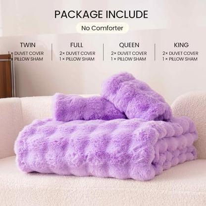 Fluffy Lavender Duvet Cover Full Set, Soft Shaggy Plush Rabbit Bedding Set 3 Pieces (1 Fuzzy Comforter Cover + 2 Faux Fur Pillow Cases)（Lavender, Full） - color: Lavender, size: Full