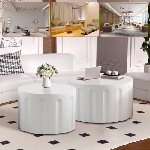 Nesting Coffee Table Set of 2 with Non-Slip Feet (White 26.8+19.7in) | Modern White Matte Spray Paint Accent End Table Set No Assembling for Living Room - color: White 26.8+19.7in