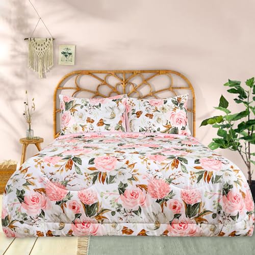 DILIMI Twin Comforter Set for Girls, Reversible Pink Floral Twin Size Bed, 5 Pieces Ultra Soft Twin Bedding Sets with Comforter, Flat Sheet, Fitted Sheet, 2 Pillowcase - color: Pink Flower, size: Twin
