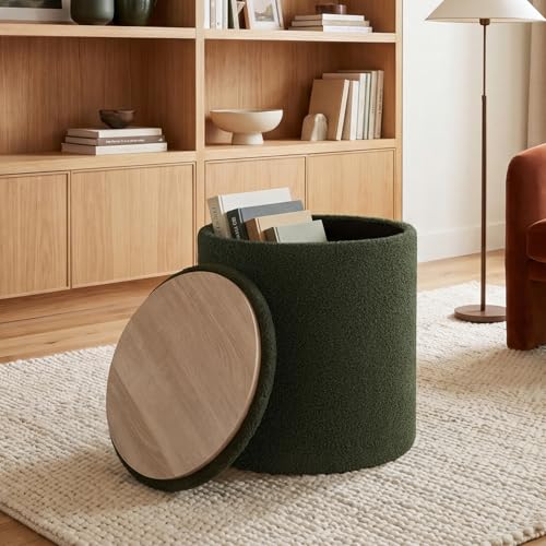 14.5" Small Ottoman with Storage, Teddy Velvet Foot Rest Stool with Reversible Wood Tray Lid, Round Storage Ottoman Coffee Table, Vanity Stool for Living Room, Olive Green - color: Olive Green