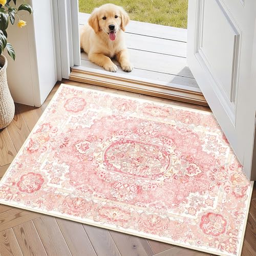 Boho Washable Area Rug 2x3 Small,Vintage Floral Rug for Entryway | Low Pile Non Slip Rug for Bathroom Bedroom, Soft Farmhouse Decorative Carpet,Blush Pink - color: Boho Blush Pink, size: 2'x3'