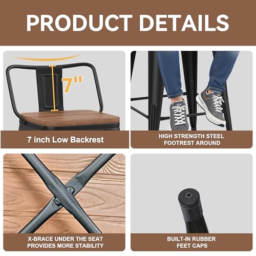 Yongchuang 26" Metal Barstools Set of 2 Counter Bar Stools with Wood Top Low Back Matte Black - color: Black, size: 26" Set of 2