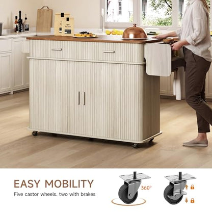 56" Kitchen Island on Wheels with Drop Leaf Countertop, Large Mobile Island Table with 2 Drawers and Spice Rack and Tower Rack, Mid-Century Modern Island Cart w/Storage for Kitchen, Off White - color: Off White