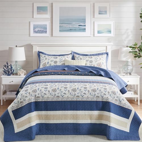 Quilta Queen Bedspread 102 x120 - Farmhouse Floral Striped Design Oversized Queen Quilt Set, 3-Piece 100% Cotton Textured Lightweight Comforter Coverlet Set for All Season, Navy/Cream/Taupe - color: Navy/Sky Blue/Terracotta/Cream, size: Queen(102"x120")