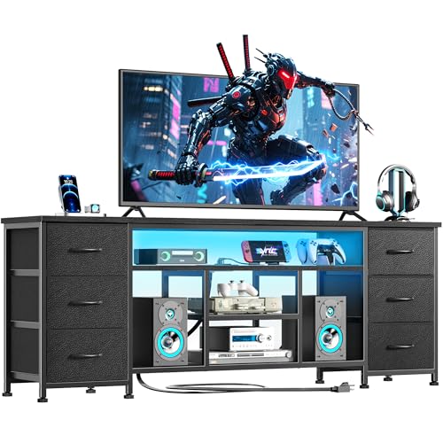 Furologee LED TV Stand for 65, 70 Inch TV, 63 Inch Entertainment Center with Power Outlets, 6 Fabric Drawers Dresser for Bedroom, Media Console with Open Shelves, PU Leather Surface, Black - color: Black, size: 63 inch
