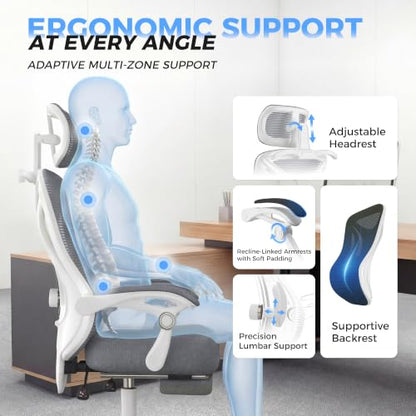 CYKOV Ergonomic Office Chair, Reclining, Footrest, Adjustable Lumbar, 350LB | 4-Way Headrest (4.72" + 60°), 2-Way Lumbar (2" + 1.18"), 90-135° Recline, Breathable Mesh, Gaming & Office, 5-Year Warranty - color: W-dgrey