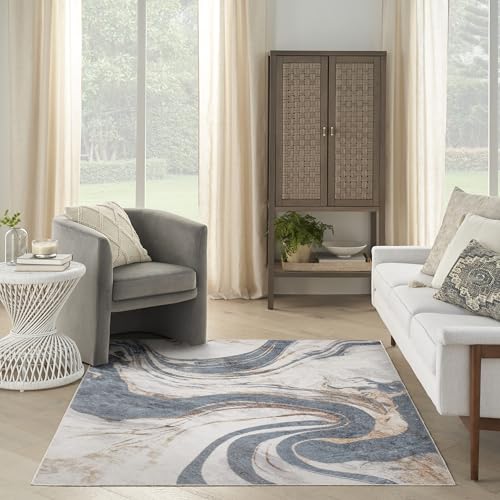 Nourison Home Astra Machine Washable Ivory Blue 5'3" x 7' Area Rug - Easy Clean, Non Shedding, Bed Room, Living Room, Dining Room, Kitchen (5' x 7') - color: Ivory Blue, size: 5'3" x 7' (Rectangular)