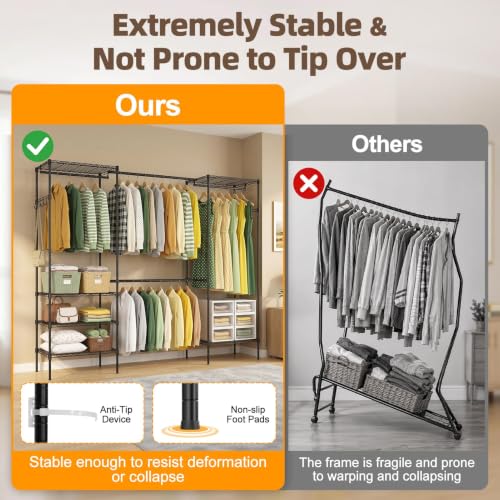 Expandable Clothes Rack, 15.7" D x (70.9"-90.6") W x 76.8" H, Black | Freestanding Wire Garment Clothing Rack with 4 Hanging Rods, Max Load 1000lbs, Adjustable, Heavy Duty - color: Black