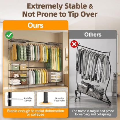 Expandable Clothes Rack, 15.7" D x (70.9"-90.6") W x 76.8" H, Black | Freestanding Wire Garment Clothing Rack with 4 Hanging Rods, Max Load 1000lbs, Adjustable, Heavy Duty - color: Black