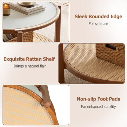 Giantex Rattan Coffee Table, 35" Farmhouse Glass Center Table with Storage, Frosted Tempered Glass Top & Solid Wood Leg, Small Accent Tea Table, Round Coffee Table for Living Room, Small Space, Walnut - color: Walnut