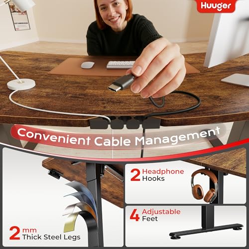 Huuger 전원 콘센트 및 USB-C 포트가 있는 전기 스탠딩 데스크, 119.9 x 61cm(47 x 24인치) 높이 조절 가능한 책상, 홈 오피스, 컴퓨터 및 게이밍 책상용 앉은 스탠드 데스크, 4개의 프리셋, 러스틱 브라운 - color: 러스틱 브라운., size: 47.2 x 23.6 inch