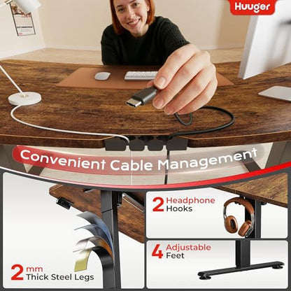 Huuger 전원 콘센트 및 USB-C 포트가 있는 전기 스탠딩 데스크, 119.9 x 61cm(47 x 24인치) 높이 조절 가능한 책상, 홈 오피스, 컴퓨터 및 게이밍 책상용 앉은 스탠드 데스크, 4개의 프리셋, 러스틱 브라운 - color: 러스틱 브라운., size: 47.2 x 23.6 inch