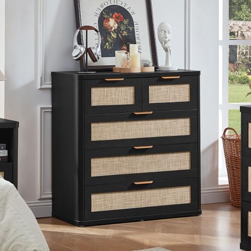 LEYAOYAO Rattan Dresser for Bedroom, 33.5" Tall Chest of Drawers, Modern 5 Drawers Boho Dressers with Storage, Light Oak Dresser Wooden Closet Organizer for Living Room, Hallway, Black - color: Boho Black, size: 15.5"D x 31.5"W x 33.5"H (5 Drawers)