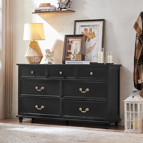 Joaxswe Farmhouse 54" 7 Drawers Dresser for Bedroom, Wide Chest of Drawers w/ 4 Wooden Legs, Vintage Large Closet Storage Dressers Organizer for Hallway, Wood Rustic TV Stand for Living Room, Black - color: Black, size: 16"D x 54"W x 32"H (7 Drawers)