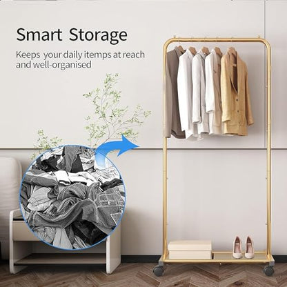 Simple Trending Clothes Garment Rack, Clothing Rack, Golden Yellow | Commercial Portable Closet with Mesh Storage Shelf, Anti-Slip Stoppers, 360° Wheels, Bedroom, Laundry Room - size: Single Shelf