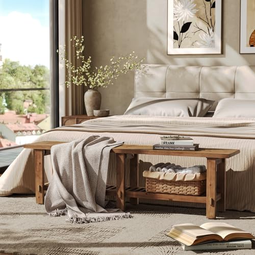 LITTLE TREE Solid Wood Entryway Shoe Bench, 63" Farmhouse Narrow End of Bed Bench with Storage Rack for Bedroom, Living Room, Entry Way, Front Door, Window, Hallway, Rustic Brown