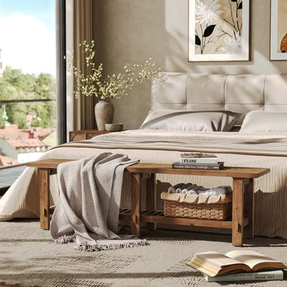 LITTLE TREE Solid Wood Entryway Shoe Bench, 63" Farmhouse Narrow End of Bed Bench with Storage Rack for Bedroom, Living Room, Entry Way, Front Door, Window, Hallway, Rustic Brown