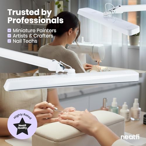 Neatfi XL 2,500 Lumens 30W LED Task Lamp for Manicure Table, Crafts, Workbench, Office – 22” Wide Shade Desk Light | Eye-Caring 6500K | 4-Level Brightness (White, Non-CCT with Clamp) - color: White