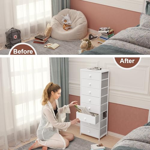 Fabric Dresser for Bedroom, 8 Drawer Tall Vertical Skinny Tower (White) | Wooden Top, Steel Frame, Easy Pull Bin,Organizer Unit for Living Room, Hallway, Entryway, Nursery, Closets - color: White, style: Narrow-8 Drawers