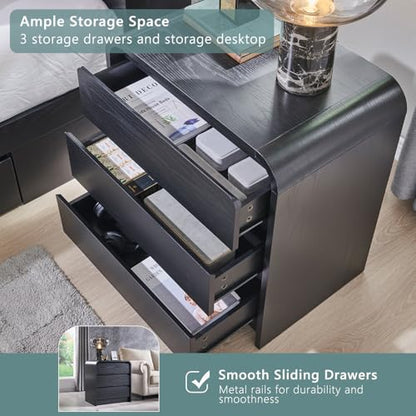 Aitjunz 25" Tall Modern Nightstand with Charging Station, 23.6'' Wide Wood Bedside Table w/3 Storage Drawers, Small Dresser w/Curved Profile Design, End Table for Bedroom, Black - color: Black
