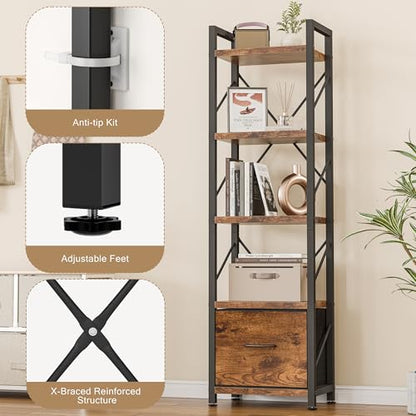 Shintenchi Bookshelf, 5 Tier Bookcase with Drawer, Modern Tall Bookshelves Storage Organizer, Industrial Book Shelves for Bedroom, Living Room, Office, Rustic Brown - size: 15.5'' W x 10.7'' D x 56.1'' H-1 Drawer