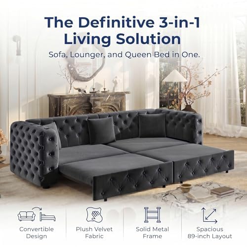 89" 4-Seater Queen Size Pull Out Sofa Bed with 3 Pillows, Gray | 4-Seater Classic Velvet Sofa with Tufted Design,3 Pillows,89" Extra Large 3-in-1 Pull Out Sofa - color: Q-dark Gray-w02