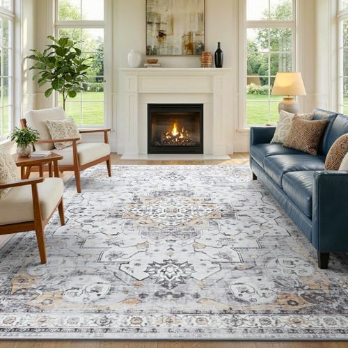 6x9 Area Rugs Washable Vintage Rug for Bedroom Living Room Yellow and Grey | Soft Low-Pile Stain Resistant Large Indoor Carpet With Non Slip Backing for Dining Room Nursery,Thin,Foldable,Home Decor - color: 25f01-yellow Grey, size: 6' x 9' (Rectangular)