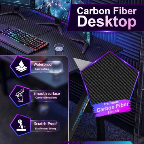 BestOffice | 47" Gaming Table | Black & Blue | R-Shaped Computer Desk | with Steel Frame, Headphone Hook, Adjustable Feet | Carbon Fiber Texture| Easy to Clean | for Gaming, Home Office - color: Black&blue, size: 47 Inch R Shaped