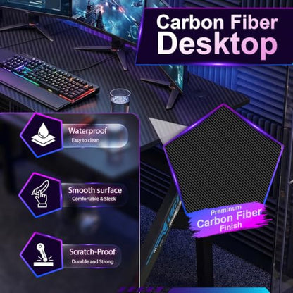 BestOffice | 47" Gaming Table | Black & Blue | R-Shaped Computer Desk | with Steel Frame, Headphone Hook, Adjustable Feet | Carbon Fiber Texture| Easy to Clean | for Gaming, Home Office - color: Black&blue, size: 47 Inch R Shaped