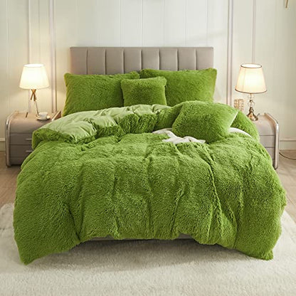 Faux Fur Velvet Fluffy Bedding Duvet Cover Set Down Comforter Quilt Cover with Pillow Sham, Ultra Soft Warm (Apple Green, Twin) - color: Apple Green, size: Twin
