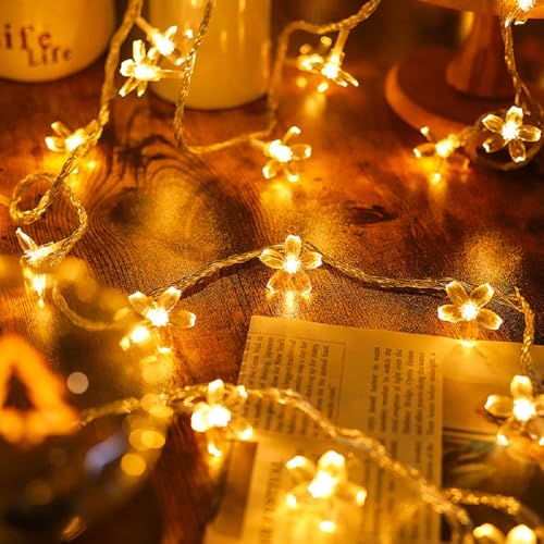 Flower String Lights Plug in, 16ft 50 LED Cherry Blossom Fairy String Lights Warm White for Party Birthday Wedding Christmas Home Decoration, WLD0008
