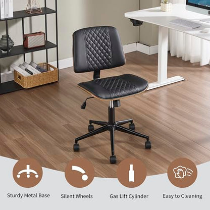 VipDesk Small Home Office Chair - Armless Mid Back Desk Chair with 360° Swivel and Wheels, PU Upholstered Height Adjustable Modern Walnut Computer Chair for Home, Office Meeting Room - Black - color: Black, size: MCM Style