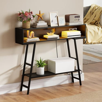 GIANTEX Modern Console Table with Charging Station & LED Lights | 40" Entryway Table with Storage Shelves, 3-Tier Display Shelf for Small Space, Sofa Table for Living Room, Black - color: Black