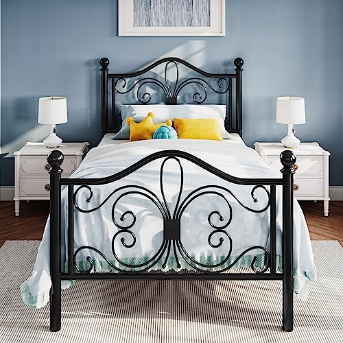 SHA CERLIN Twin Size Metal Bed Frame with Butterfly Headboard, Black | Metal Platform Bed for Kids, Wrought Iron-Art Headboard/Footboard, Under-Bed Storage, No Box Spring Needed, Easy Assembly - color: Black, size: Twin