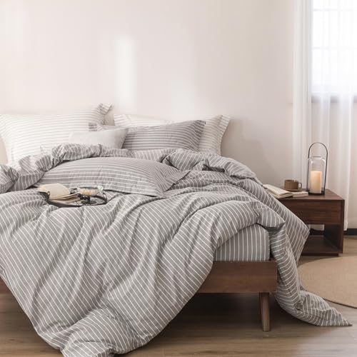 3Pcs Grey White Striped Queen Duvet Cover Set Washed Cotton | Linen Feel Striped,1 Duvet Cover & 2 Pillow Shams,Hidden Zipper,Soft Breathable,Lightweight,8 Corner Ties - color: Grey White Stripe-no Comforter, size: Queen (90" x 90")