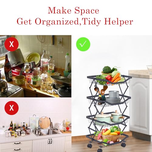 4 Tier Fruit Basket for Kitchen Stackable Metal Wire Fruit Vegetable Basket with Wheels Narrow Corner Rolling Utility Cart for Kitchen, Pantry, Bathrooms, Garage