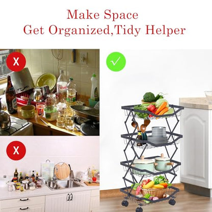 4 Tier Fruit Basket for Kitchen Stackable Metal Wire Fruit Vegetable Basket with Wheels Narrow Corner Rolling Utility Cart for Kitchen, Pantry, Bathrooms, Garage