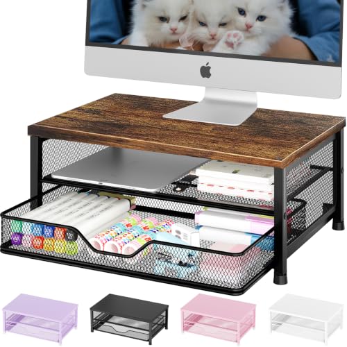 Computer Monitor Stand Riser, Desk Organizer with Drawer, Printer & Laptop Stand, Office Desk Accessories & Workspace Desktop Organizers Storage for Office Supplies(Brown) - color: Brown