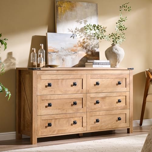 T4TREAM 54" Wide Farmhouse 6-Drawer Dresser for Bedroom, Light Knotty Oak | Rustic, Wood Storage Cabinet, Metal Handle, Unique Corner Accent, Bedroom, Living Room, Hallway - color: Light Knotty Oak, size: 15.8"D x 54"W x 31.3"H (6 Drawers)