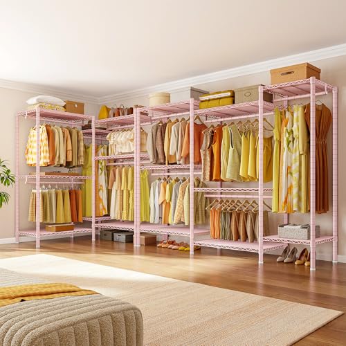 Raybee Clothes Rack,Clothing Racks for Hanging Clothes Heavy Duty,Adjustable Garment Rack with Shelves,Rolling Clothes Rack Max Load 905LBS,75" W x 77" H x 17.8" D Pink - color: Pink, size: 75" W x 17.8" D x 77" H