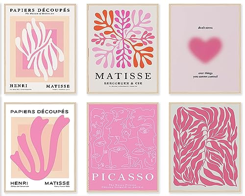 Matisse Wall Art Prints Set of 6, Abstract Matisse Wall Art Exhibition Picasso Posters, Minimalist Canvas Art Prints Beige Pink Room Decor, Hot Pink Aesthetic Room Decor for Bedroom, Living Room, - color: Hot Pink Matisse Wall Art, size: 8x10 inch