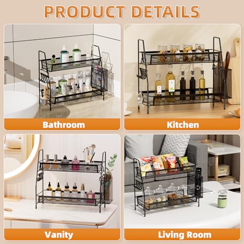 VITVITI 2 Tier Bathroom Countertop Organizer, Vanity Storage Shelf, Black | Bathroom Counter Organizer, Vanity Makeup Tray Shelf, Kitchen Spice Rack, Metal Wire Mesh, with Basket Hooks - color: 2 Tier Large Black