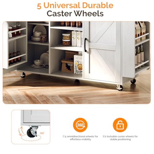 VINGLI 52" W Kitchen Island with Storage and Drop Leaf, Barn Door White | Farmhouse Rolling Cart with 3 Drawers, 2 Barn Doors, Adjustable Shelves, Side Rack and Locking Wheels - color: White