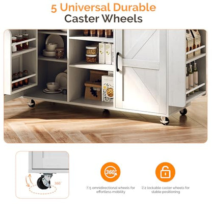 VINGLI 52" W Kitchen Island with Storage and Drop Leaf, Barn Door White | Farmhouse Rolling Cart with 3 Drawers, 2 Barn Doors, Adjustable Shelves, Side Rack and Locking Wheels - color: White