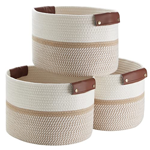 3 Pack Woven Cotton Rope Storage Basket, 15x10x9, White/Brown | Faux Leather Handles; Decorative Closet Shelf Organizer; Ideal for Storage & Organization - color: White/Brown