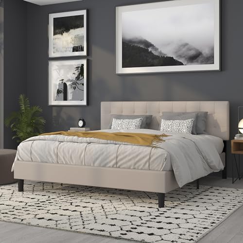 Quilted Tufted Upholstered King Size Headboard in Beige Fabric - color: Beige, size: King