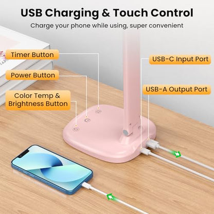 Desk Lamp with Charger, 10%-100% Stepless Dimmable & 5 Color Modes Study Lamp, Touch Control, 30-/60-minute Timer, USB Charging Output Port, CRI≥90, Eye-Caring Foldable LED Desk Lamps for Home Office - color: Pink-US