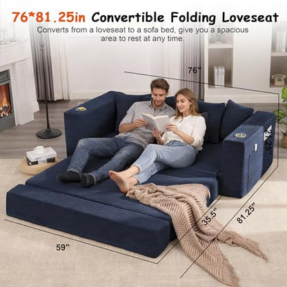 76" Convertible Sofa Bed, Corduroy Boneless Couch with Cup Holders & Pocket | 2-in-1 Sleeper Sofa, Pull-out Couch Bed with 5 Pillows, Living Room, Small Spaces, Bedroom, No Assembly - color: 76" Blue